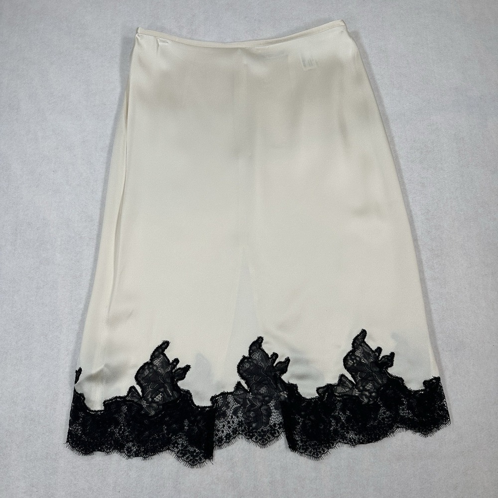 Zara Woman Satin Midi Pencil Skirt M Ivory Cream Black Floral Lace Hem Lingerie